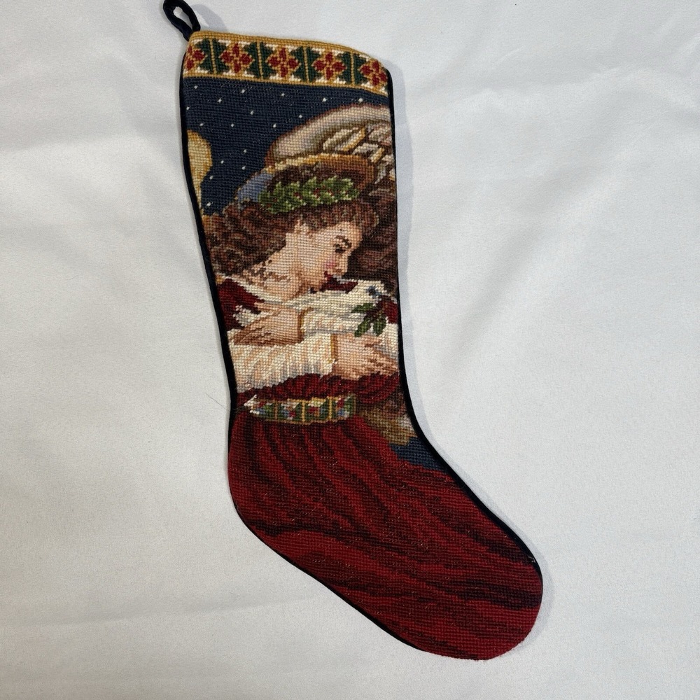 Vintage Christmas Needlepoint Stocking Cotton Wool Velvet Angel Dove Olive Leaf